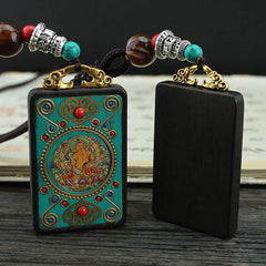 Tibet God of Wealth Money Tree Golden Phoenix Thangka Ebony Necklace Pendant