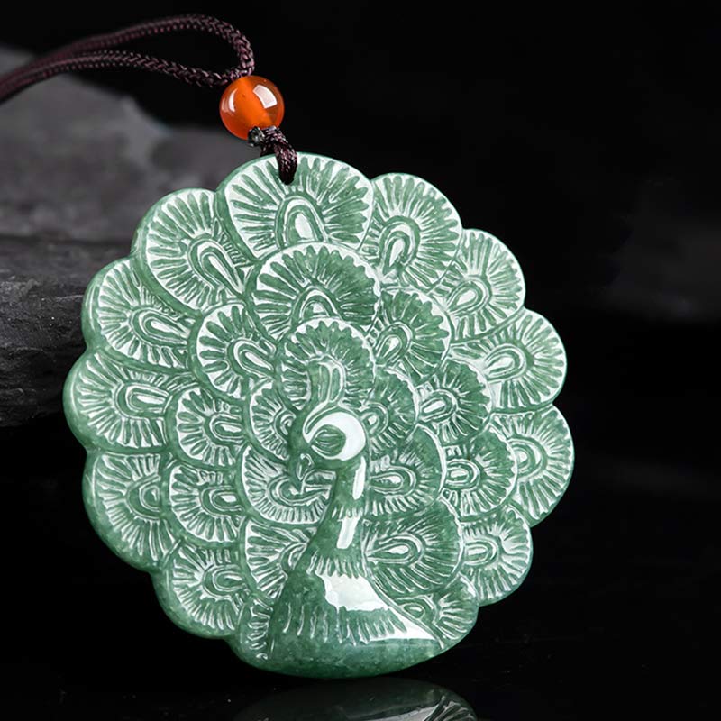 Natural Jade Peacock Luck and Prosperity Necklace Pendant