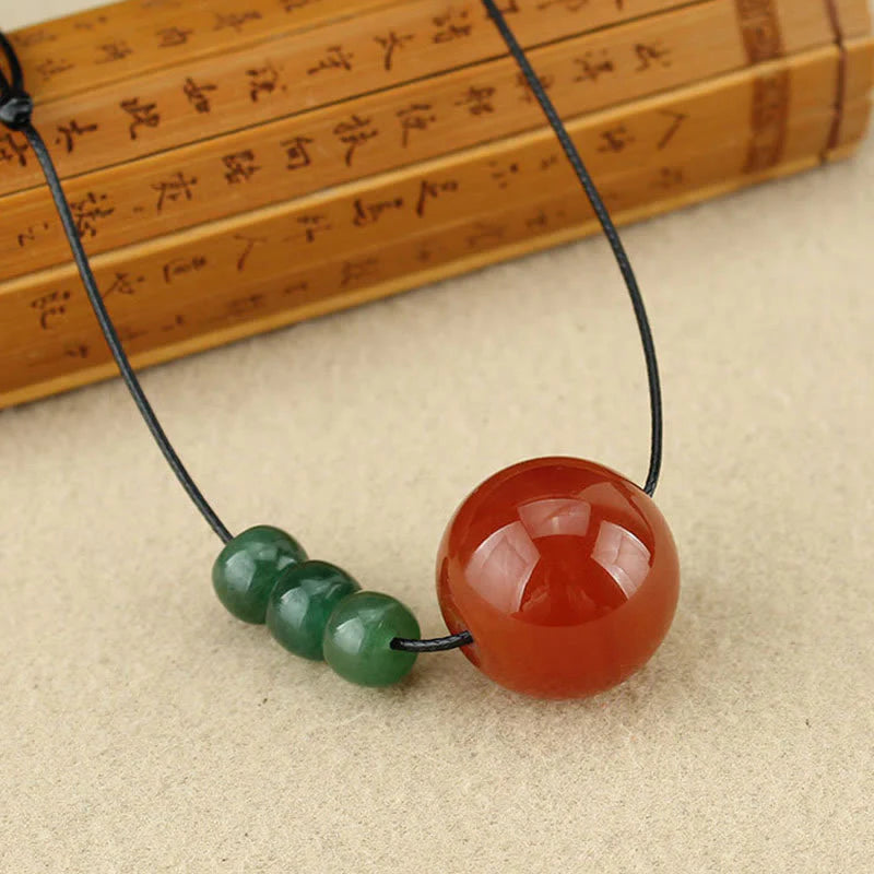 Red Agate, Green Aventurine, and Green Bodhi Seed Bead Leather Rope Necklace Pendant