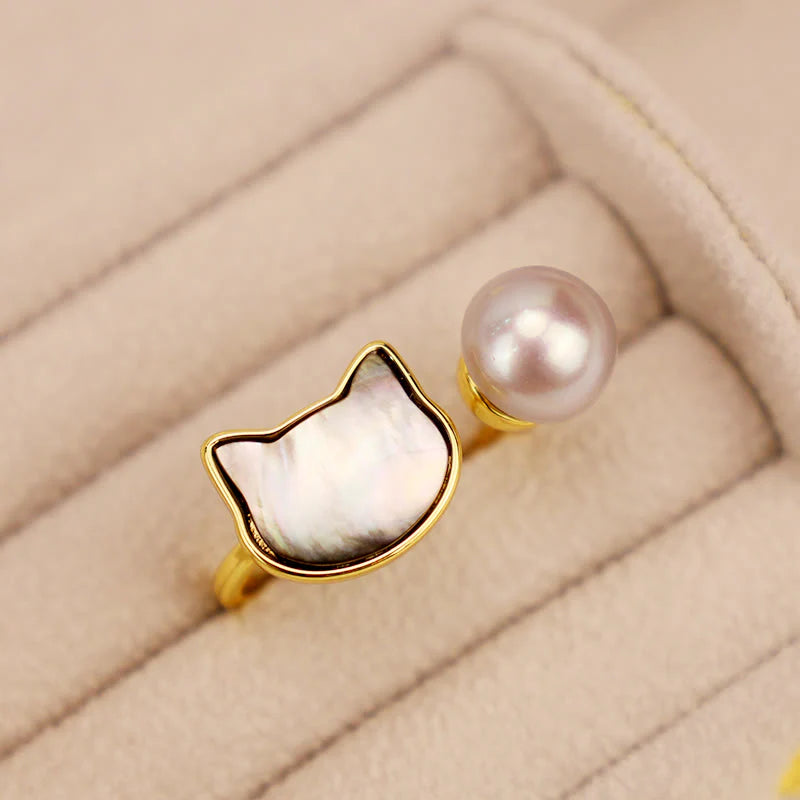 Natural Pearl Copper Cat Healing Jewelry Set