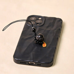 Silver Sheen Obsidian Puppy Dog and Fu Character Protection Necklace and Phone Hanging Decoration