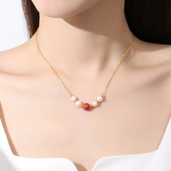 925 Sterling Silver Pearl Cinnabar Healing Bead Chain Necklace Pendant
