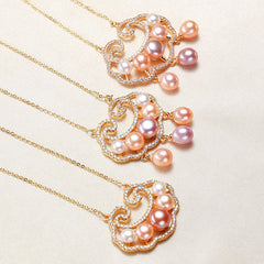 18K Gold Plated Natural Pearl Chinese Lock Charm Necklace Pendant