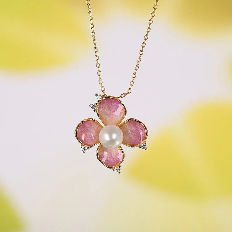 925 Sterling Silver Pearl Red Flower Petals Design Necklace Pendant Earrings Set