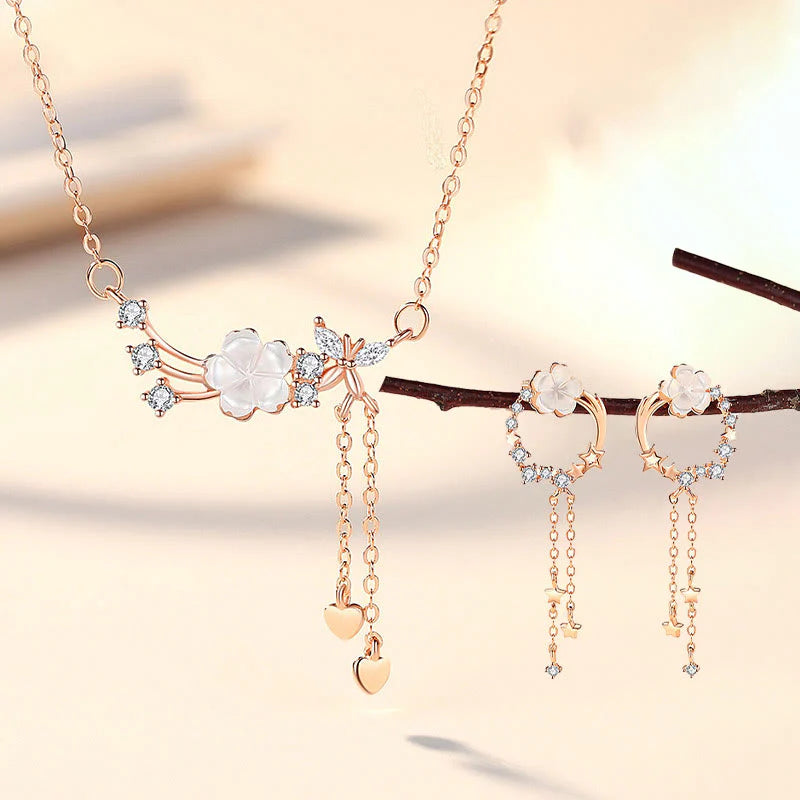 925 Sterling Silver Flower Butterfly Love Necklace and Earrings Set