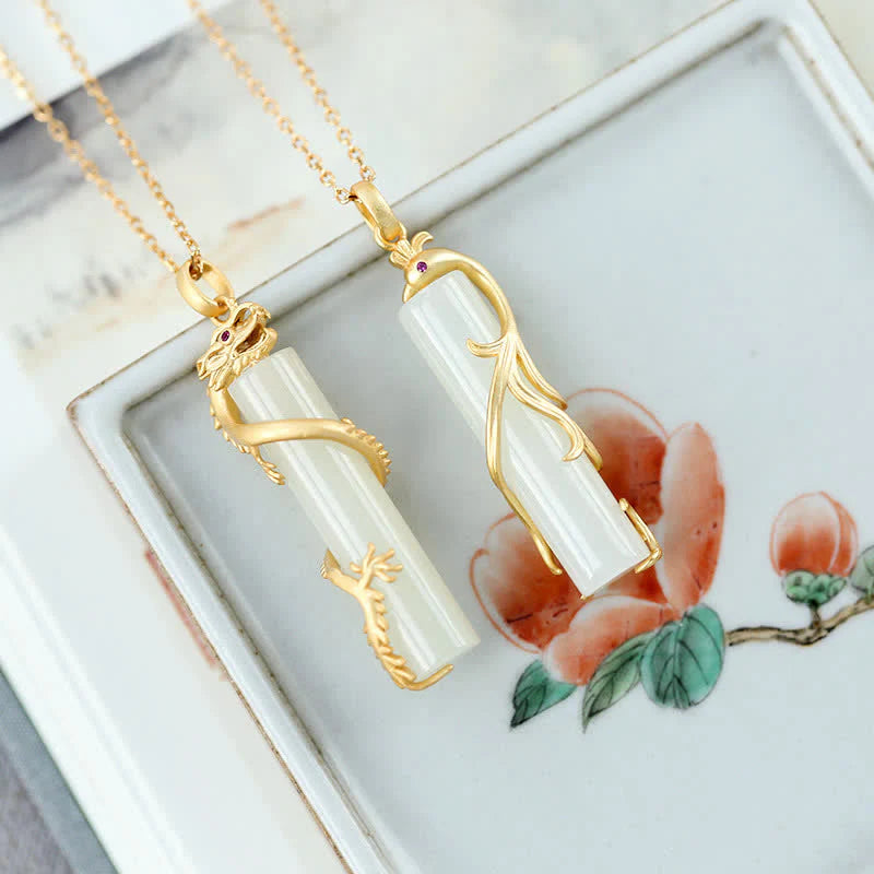 Jade Dragon Phoenix Copper Protection Necklace Pendant