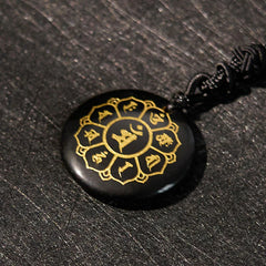 Om Mani Padme Hum Natural Various Crystal Black Obsidian Strength Necklace Pendant