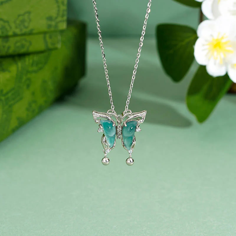 925 Sterling Silver Green Jade Butterfly Luck Necklace Pendant