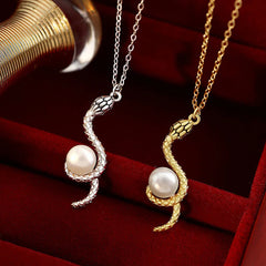 925 Sterling Silver Snake Around Pearl Necklace Pendant