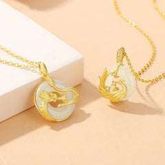 925 Sterling Silver Year of the Dragon Hetian Jade Golden Dragon Phoenix Peace Buckle Luck Necklace Pendant