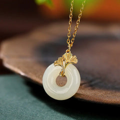 925 Sterling Silver Natural Hetian Jade Ginkgo Leaf Peace Buckle Luck Necklace Pendant