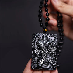 Black Obsidian Engraved Strength Amulet Necklace Pendant