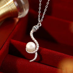 925 Sterling Silver Snake Around Pearl Necklace Pendant