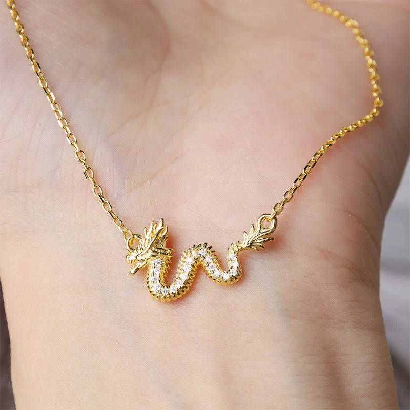 925 Sterling Silver Year of the Dragon Auspicious Golden Dragon Luck Chain Necklace Pendant