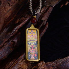 Yellow God of Wealth Nine-Tailed Fox Hand-Painted Thangka Necklace Pendant