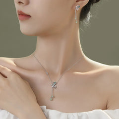 925 Sterling Silver Natural Green Aventurine Butterfly Luck Necklace and Earrings Set