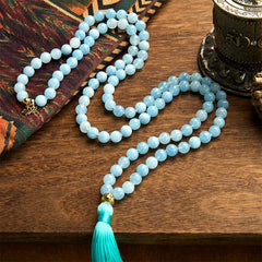 108 Mala Beads Natural Aquamarine Stone Tassel Lotus Healing Bracelet