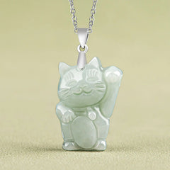 925 Sterling Silver Jade Fortune Cat Prosperity Necklace Pendant