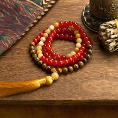 108 Mala Beads Red Agate Tiger Eye Yellow Tassel Calming Bracelet