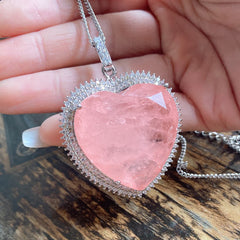 Rose Quartz Crystal Love Heart Necklace Pendant