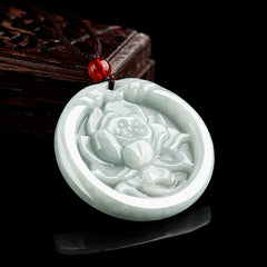 Natural Jade Lotus Flower Carved Prosperity Necklace Pendant