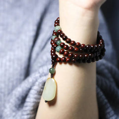 Tibetan Small Leaf Red Sandalwood Jade Mala Meditation Bracelet