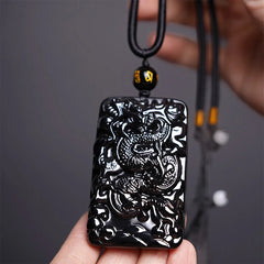 Natural Black Obsidian Rectangular Dragon Engraved Necklace Pendant