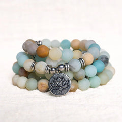 Tibetan Amazonite Stone Blessing Lotus Prayer Beads