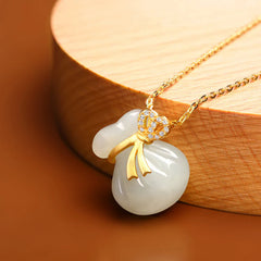 Natural White Jade Luck Money Bag Necklace Pendant