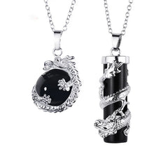 2pc Dragon Wrapped Round Ball Gemstone Couple Necklace Pendant
