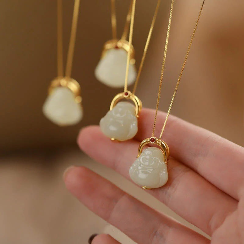 Renbeads 925 Sterling Silver Natural Hetian Jade Laughing Buddha Abundance Chain Necklace Pendant