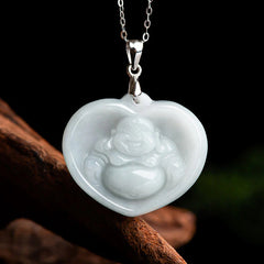 925 Sterling Silver Laughing Buddha White Jade Luck Necklace Pendant