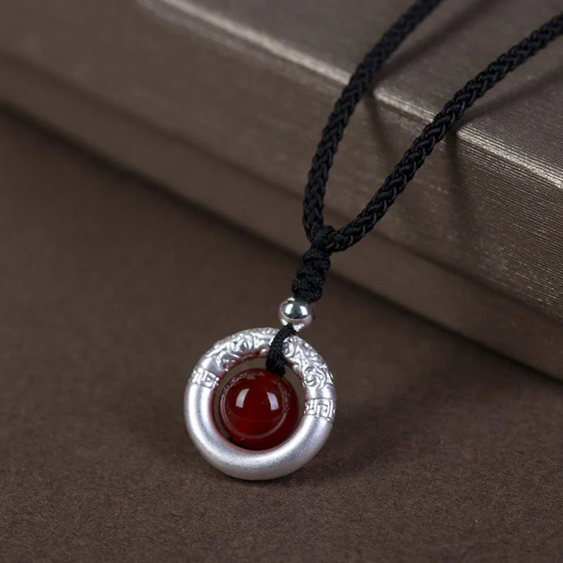 Renbeads 999 Sterling Silver Red Agate Peace Buckle Blessing Necklace Pendant