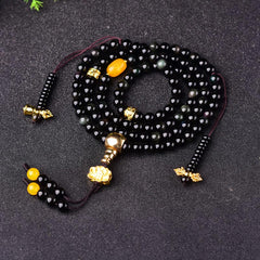 108 Beads Natural Black Obsidian Lotus Fulfillment Mala Bracelet