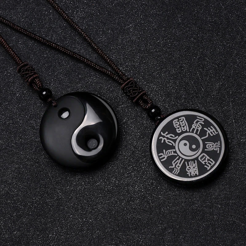 Black Obsidian Five Sacred Mountains Nine Character Mantra Carved Yin Yang Necklace Pendant