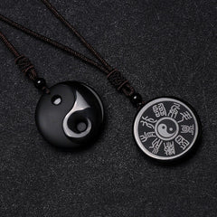 Black Obsidian Five Sacred Mountains Nine Character Mantra Carved Yin Yang Necklace Pendant