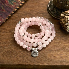 108 Mala Beads Natural Stone Rose Quartz Lotus Peace Bracelet