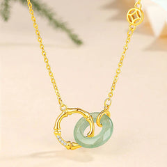 925 Sterling Silver Natural Green Aventurine Peace Buckle Bamboo Coin Necklace Pendant