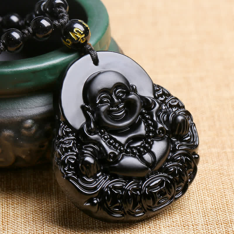 Laughing Buddha Black Obsidian Pendant Necklace for Strength and Protection
