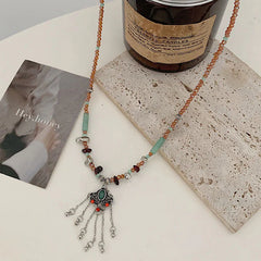 Tibetan Crystal Stone Copper Luck Tassel Necklace Pendant