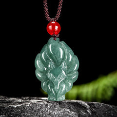 Natural Green Jade Nine Tailed Fox Luck Necklace Pendant