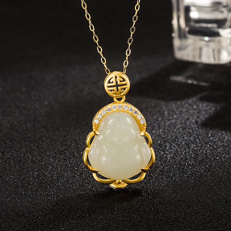 Renbeads 925 Sterling Silver Laughing Buddha Hetian White Jade Protection Necklace Pendant