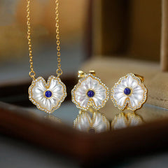 925 Sterling Silver Love Heart Tridacna Stone Red Agate Lazurite Jewelry Set