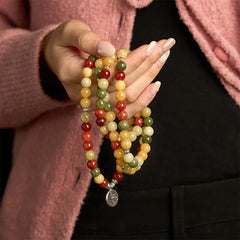 108 Mala Beads Natural Colored Stone Bracelet with Topaz, Red Jasper, Green Jasper and Lotus Design