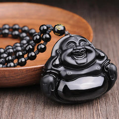 Laughing Buddha Black Obsidian Pendant Necklace