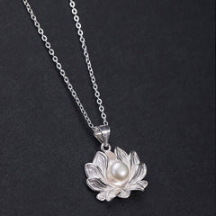 925 Sterling Silver Lotus Flower Pearl Wealth Necklace Pendant