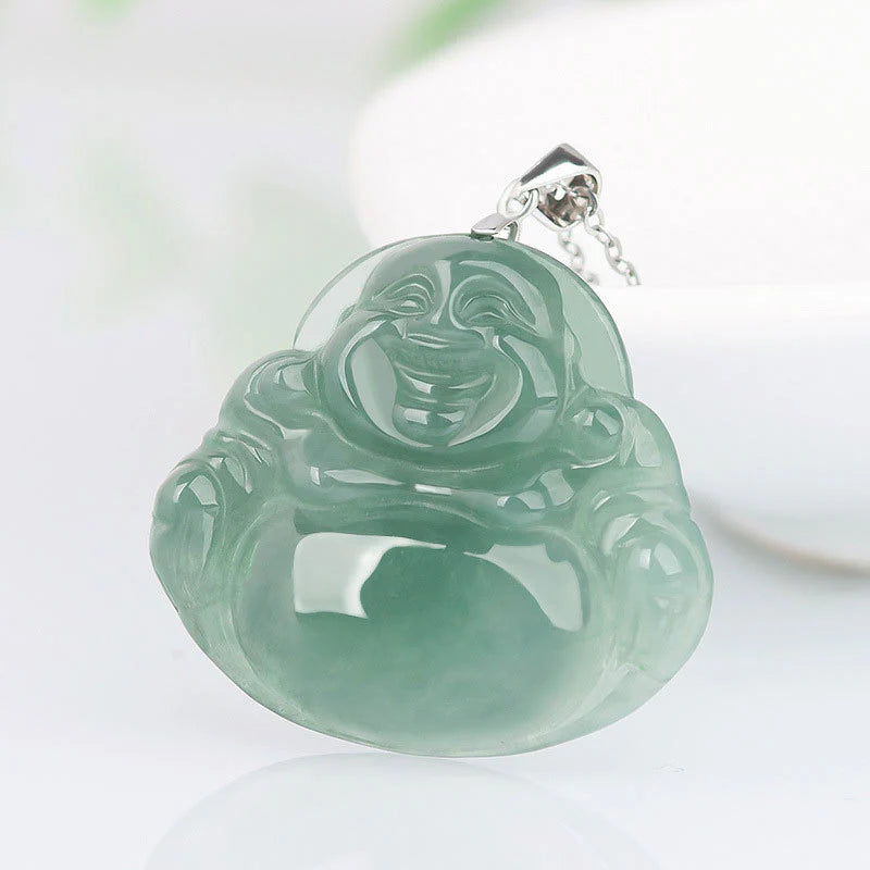 925 Sterling Silver Laughing Buddha Jade Necklace Pendant