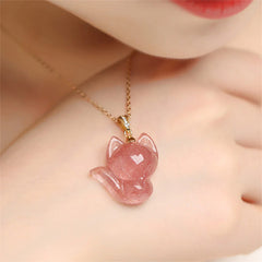 14k Gold Plated 925 Sterling Silver Strawberry Quartz Fox Healing Necklace Pendant