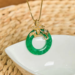 Cyan Jade Peace Buckle Alloy Flower Luck Necklace Pendant