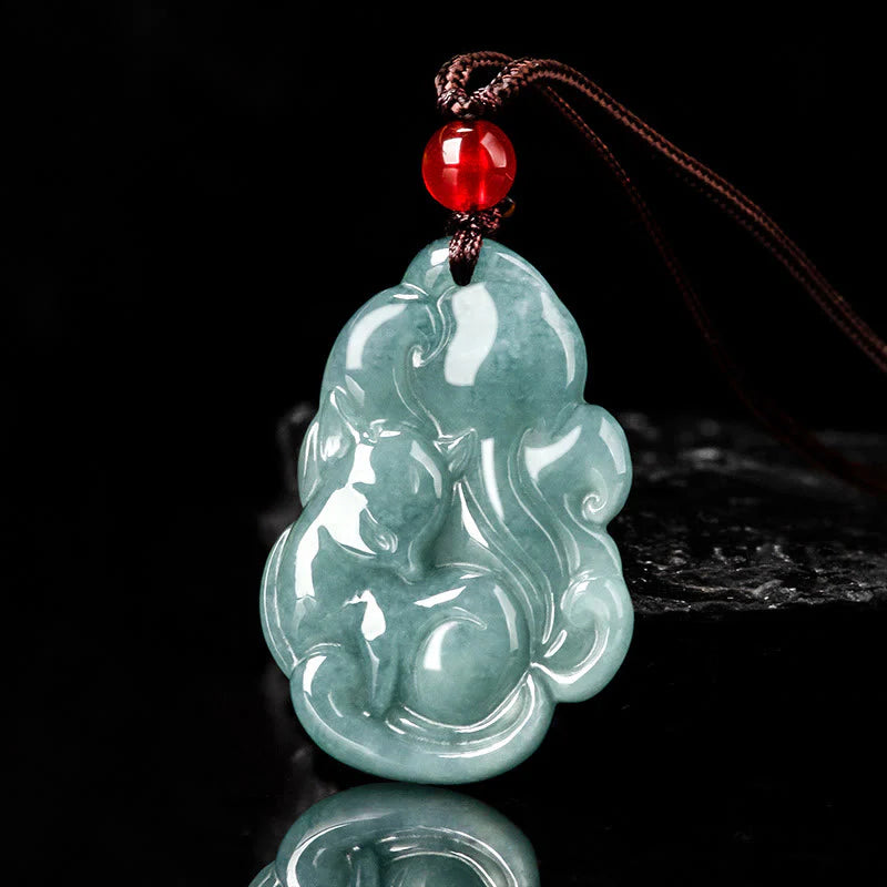 Natural Green Jade Nine-Tailed Fox Prosperity Necklace Pendant